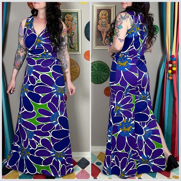 Vintage 1970s Purple Hawaiian Floral Print Sleeveless Maxi Dress - Picture 4 of 8